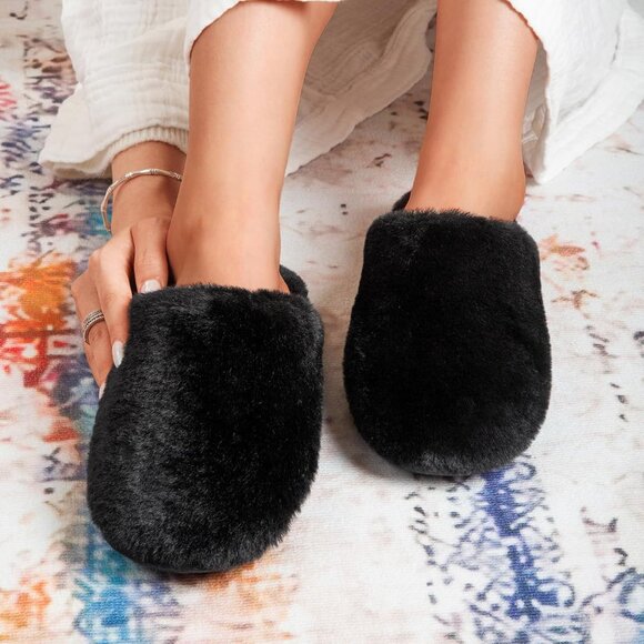 ⚡Women's Black Fuzzy Scuff Slippers Soft Comfy Memory Foam Non Slip House Shoes - Picture 2 of 6